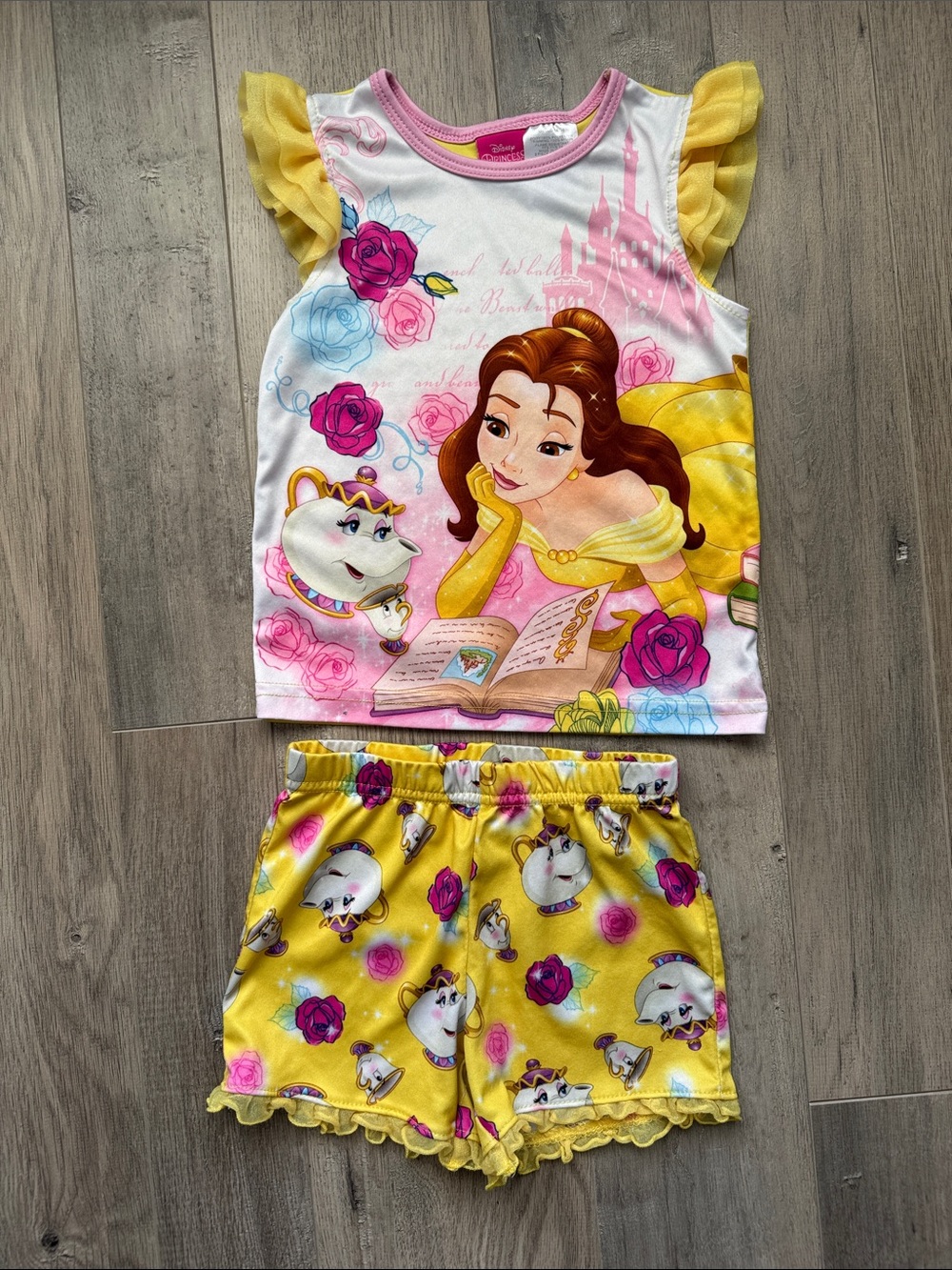 Disney Belle Yellow and Pink Girls Pajama Set with Mrs. Potts Print